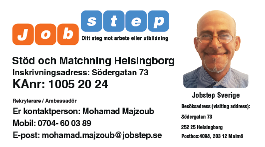 Visitkort Jobstep personlig Mohamad Majzoub Södergatan 73 Helsingborg ny